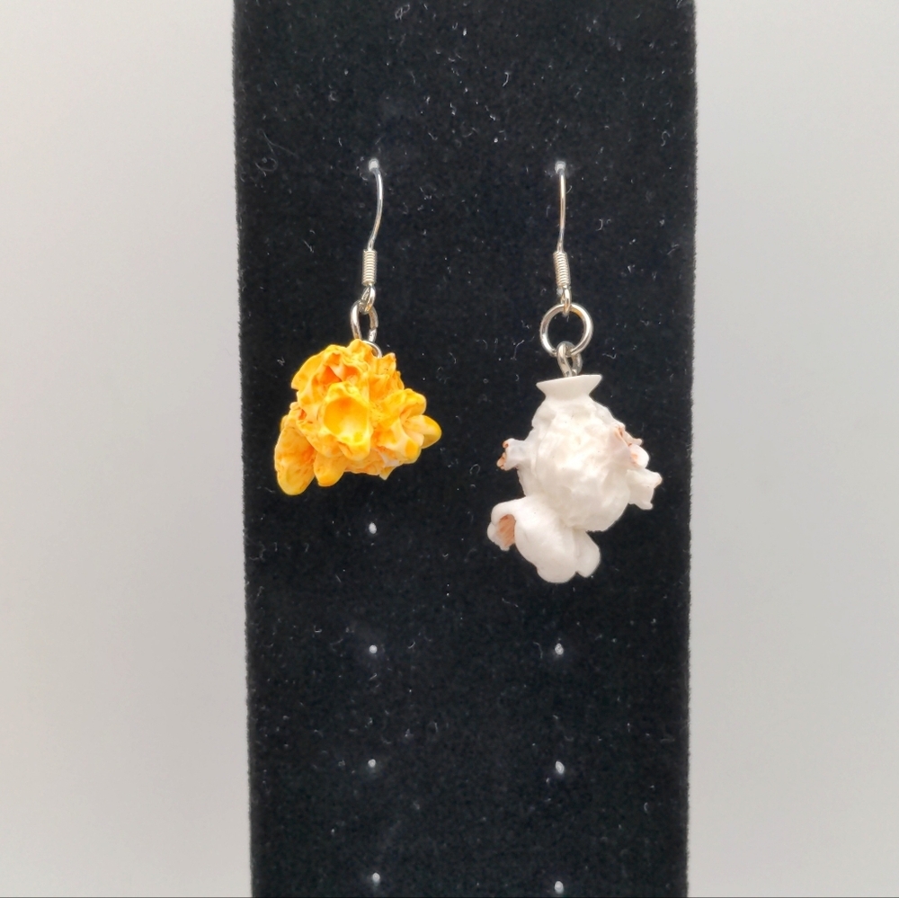 Realistic Popcorn Kernel Dangle Earrings - Yellow & White